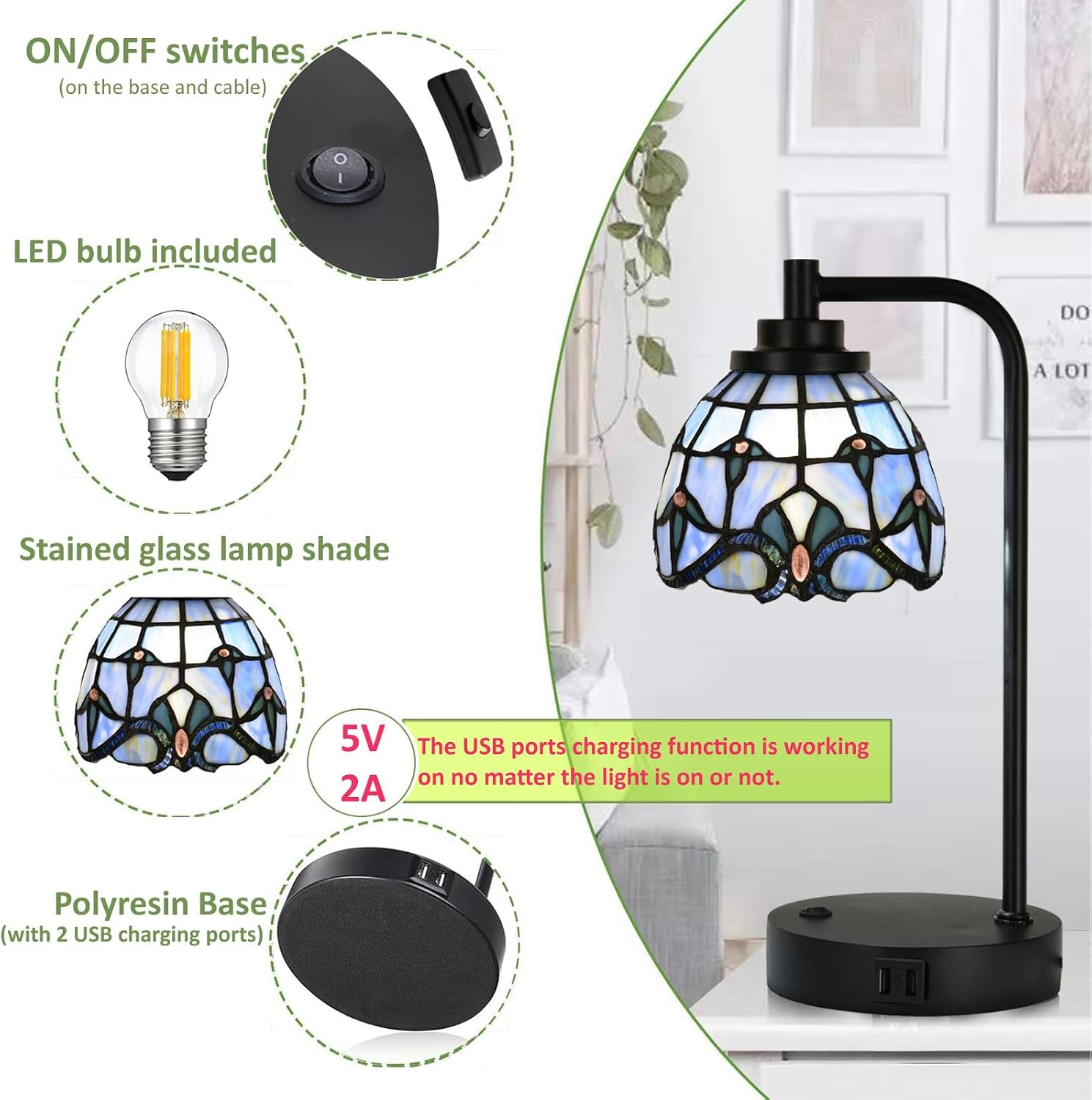 TL0016 Tiffany Style Stained Glass Table Lamp with USB Charging Ports, Desk Lamp with Blue Baroque Lamp Shade, Retro Nightstand H 14.5' for Bedroom Office, LED Bulb Included (Blue)