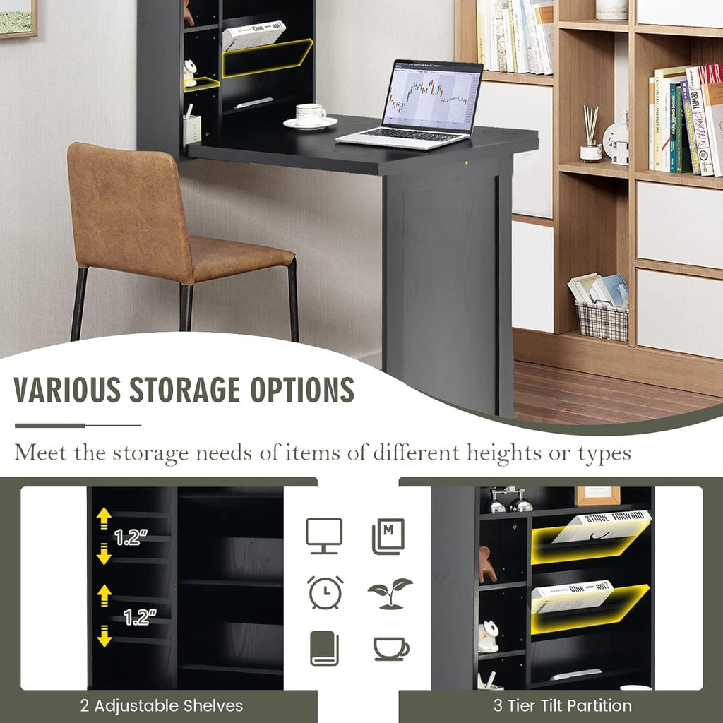 Wall Mounted Desk, Wood Collapsible Floating Desk, Convertible Computer Desk with Storage Area, Hanging Fold Out Table for Home Office, Small Spaces (Black)
