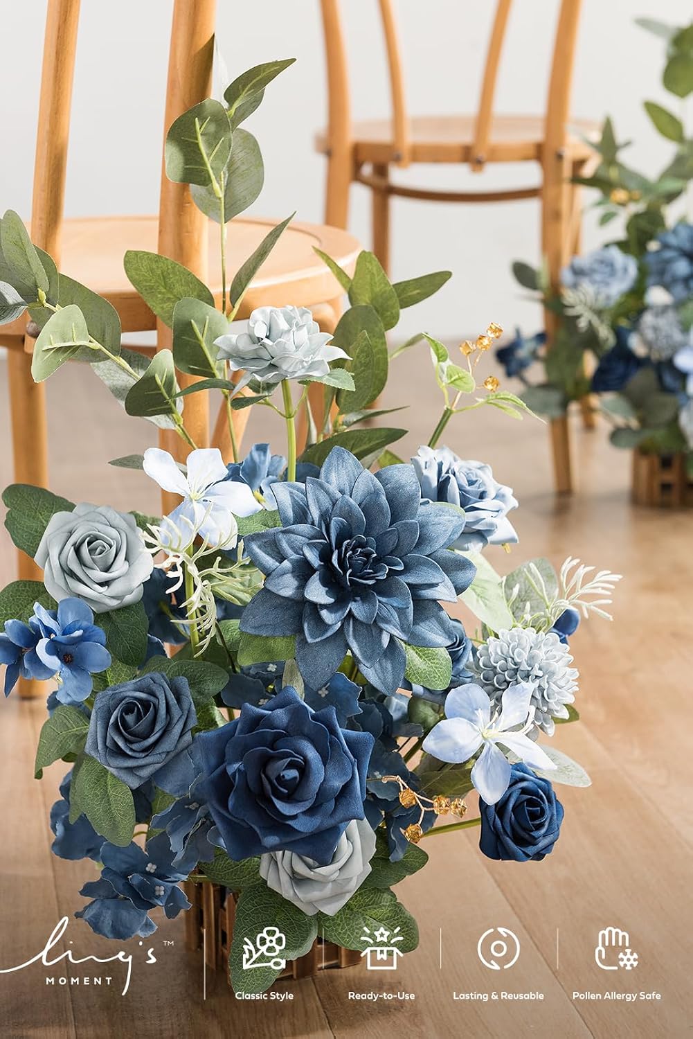 Ling's moment 17.5' Tall Standing Artificial Flowers Arrangements 4pcs Fall Wedding Aisle Runner Chair Decorations Dusty Blue & Navy Centerpieces for Ceremony Reception Rose Floral Party Outdoor
