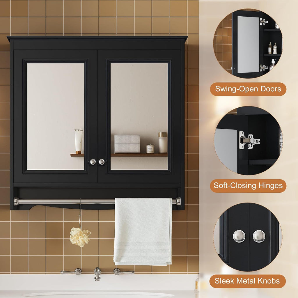 Merax 3-in-1 Bathroom Mirror Cabinet with Adjustable Shelves, Soft Close Doors & Towel Bar, 30' Wall Mounted Medicine Cabinet with High-Definition Mirror, Versatile Storage for Vanity, Bedroom, Black