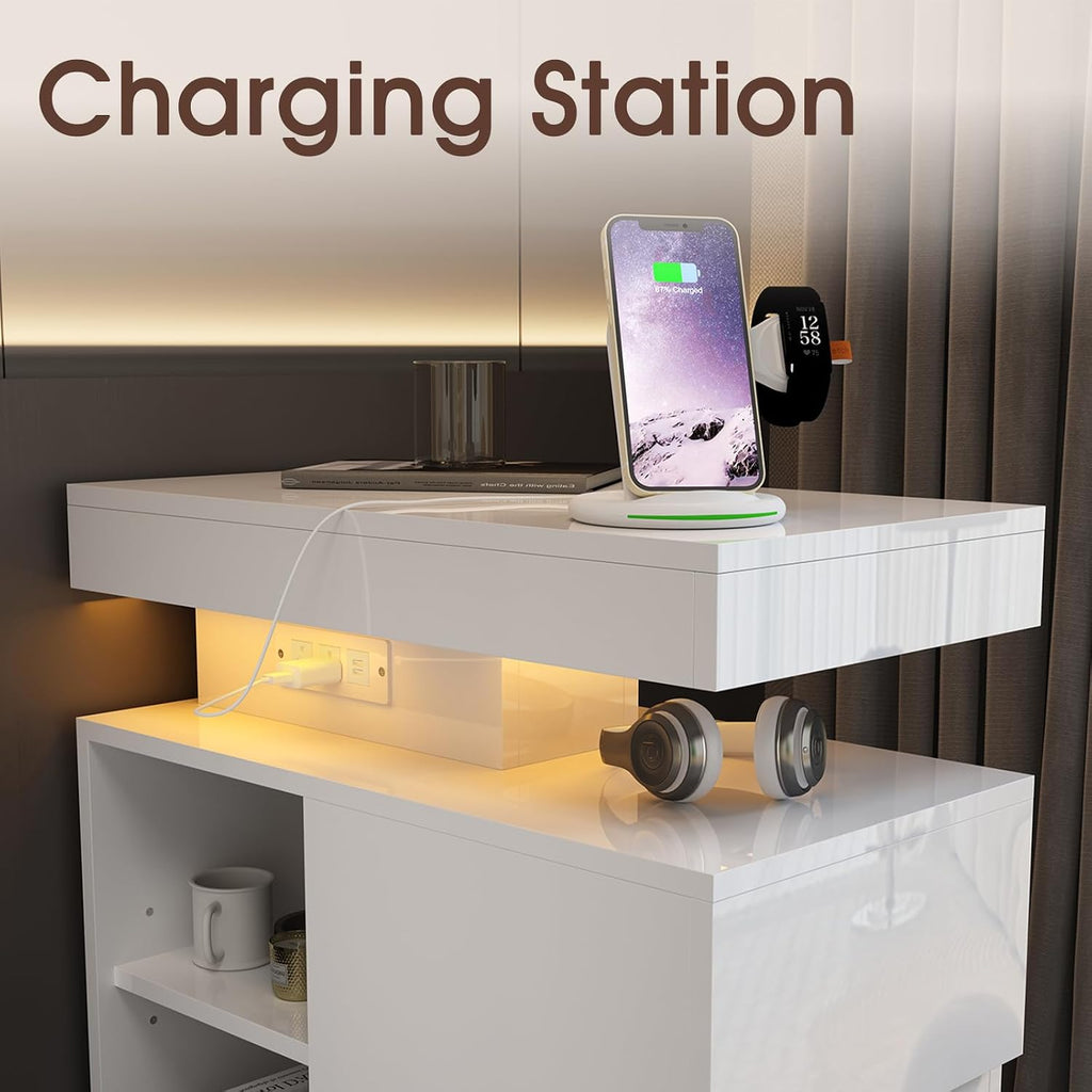 OC Orange-Casual LED End Table with Power Outlet, High Glossy Sofa Side Table, Small Nightstand with Drawer and Storage Cabinet, Narrow Side Table with Charging Station for Living Room (2, White)