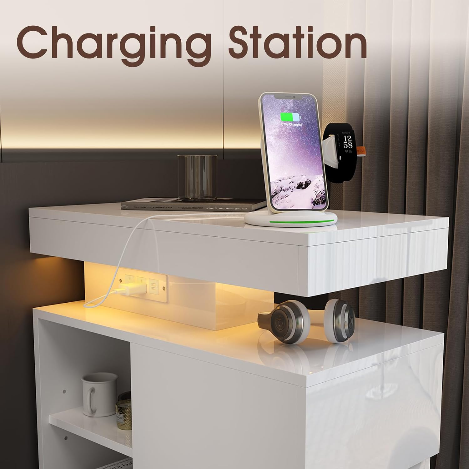 OC Orange-Casual LED End Table with Power Outlet, High Glossy Sofa Side Table, Small Nightstand with Drawer and Storage Cabinet, Narrow Side Table with Charging Station for Living Room (2, White)