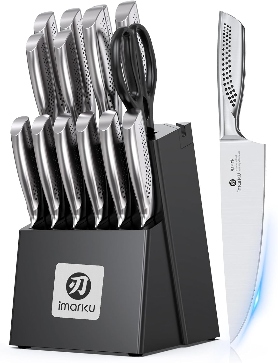 imarku® Kitchen Knife Set, 15 Pcs Japanese Knife Set with Block, Premium Razor-Sharp Chef Knives Set for Kitchen with Sharpener, Rust-Proof, Ergonomic Full-Tang Handle, Black