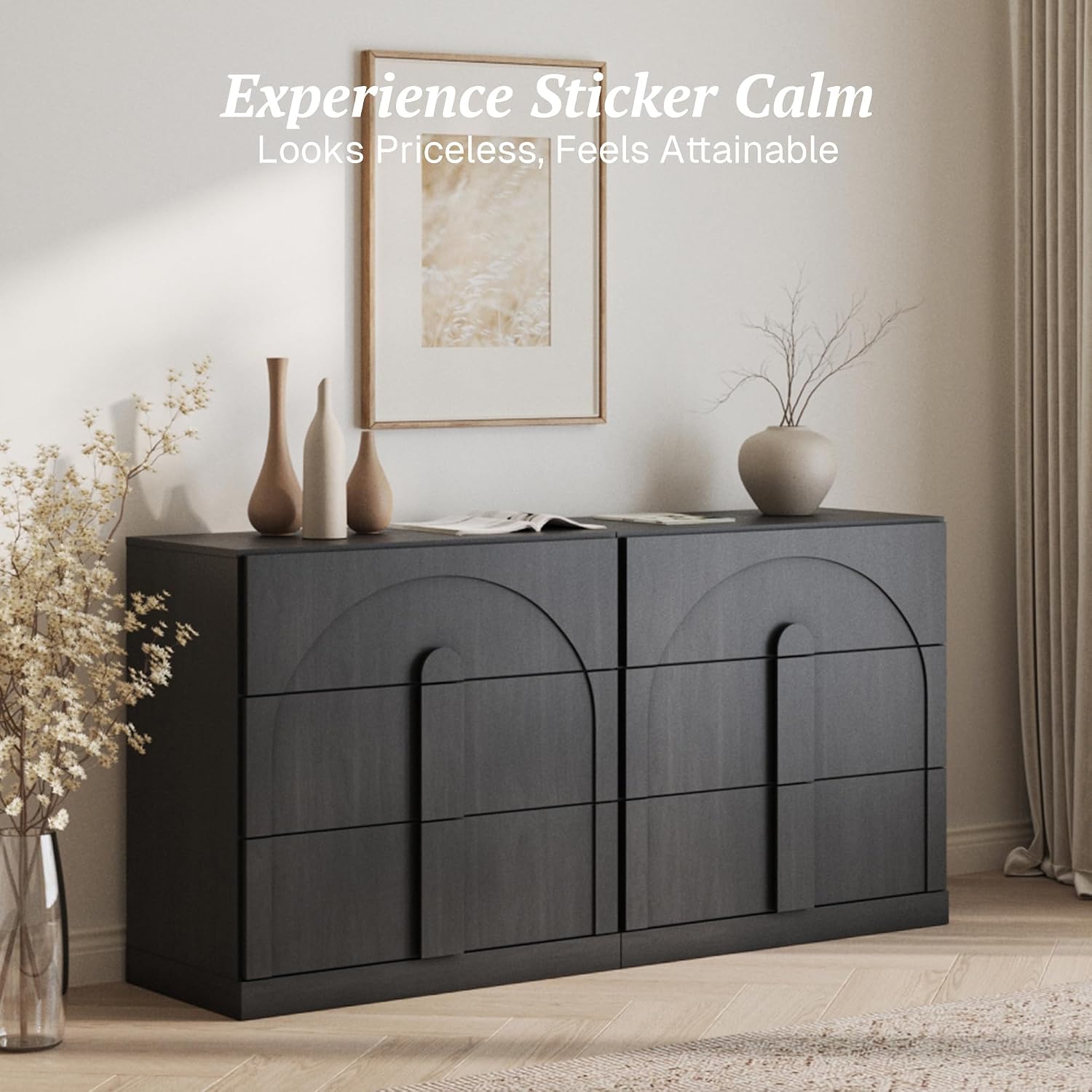 BELLEZE Sideboard Cabinet with 3 Drawers, Set of 2 Modern Wood Buffet Cabinet with Arc Design, Large Fluted Sideboard with Storage for Dining Room Living Room Entryway, Ebony