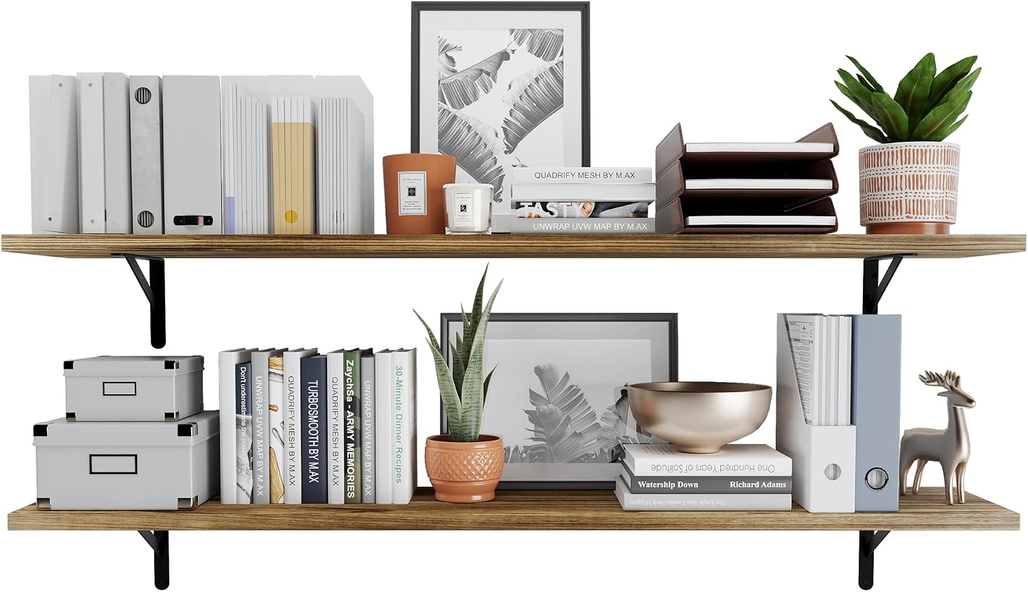 Wallniture Forme 60' x 10' Floating Shelves for Wall Decor, Rustic Wall Bookshelf, Shelves for Living Room, Office, Kitchen, Pantry Room, Floating Shelf, Set of 2, Burnt Finish, Wood
