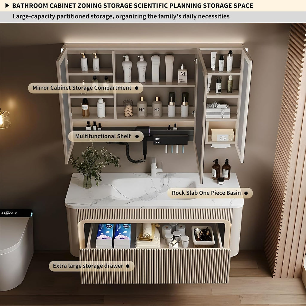 40 inch Bathroom Vanity, Elegant Floating Bathroom Vanity with Sink Smart Defog Mirror Cabinet and LED Strip Light, Solid Wood Modern Bathroom vanities with Large Storage Space,Milk Coffee Color