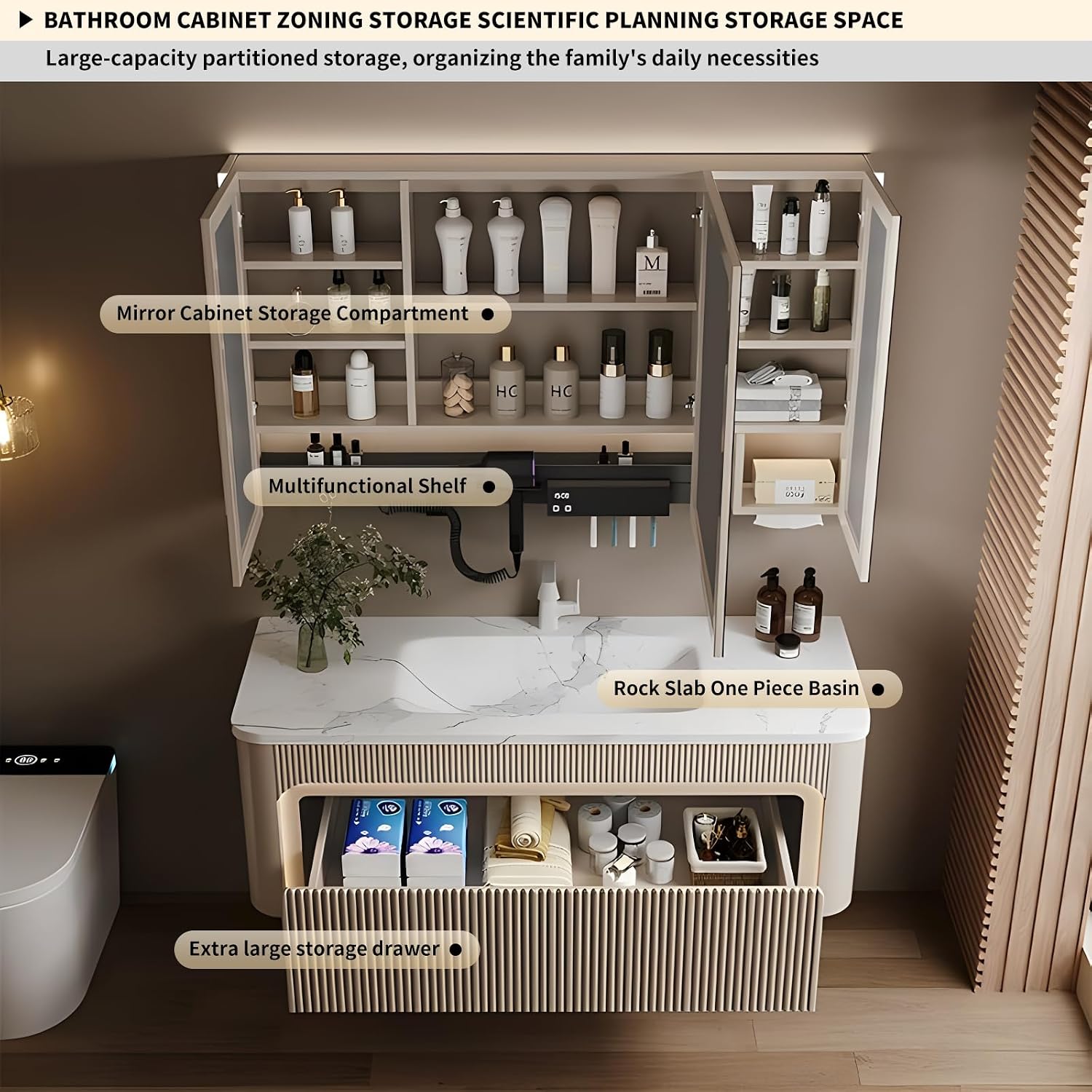 40 inch Bathroom Vanity, Elegant Floating Bathroom Vanity with Sink Smart Defog Mirror Cabinet and LED Strip Light, Solid Wood Modern Bathroom vanities with Large Storage Space,Milk Coffee Color