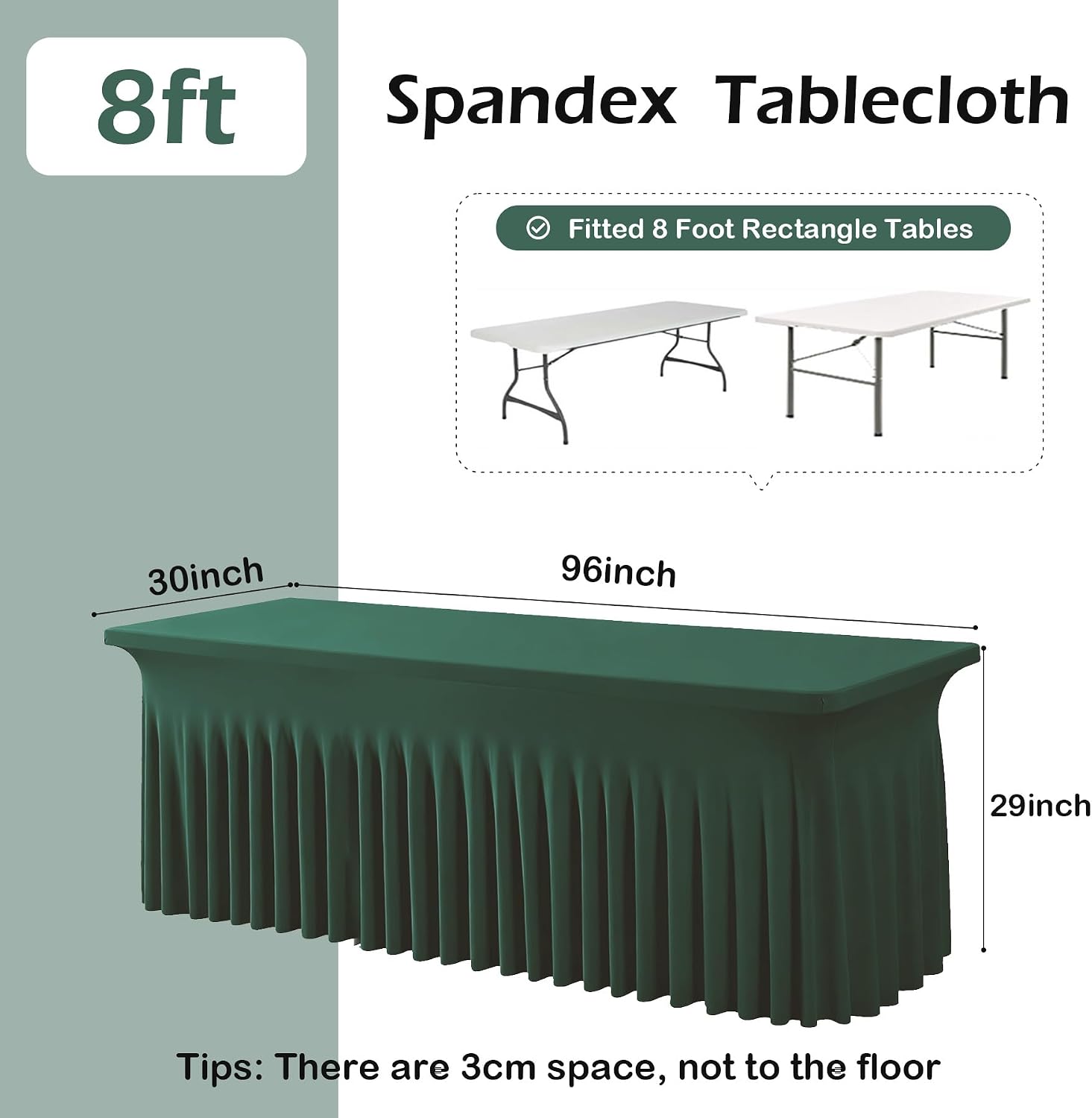 6 pk Hunter Green Spandex Tablecloth 8ft With Ruffle Table Skirt, Wrinkle Free Stretchy Fitted Tablecloths for 8 Foot Rectangle Tables, Elastic Spandex Table Covers for Weddings Parties Banquet Craft