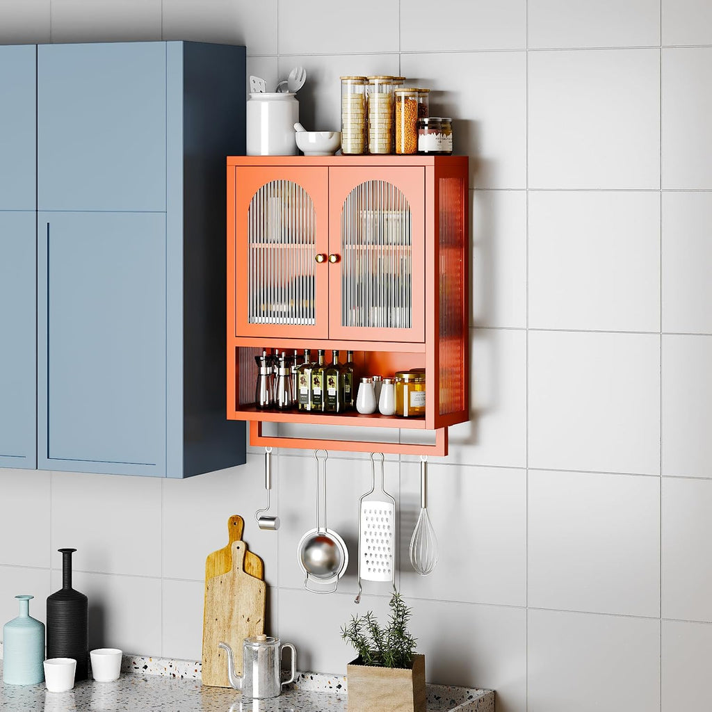 ALBAD Metal Bathroom Wall Cabinet with Fluted Glass Door and Towel Bar Wall-Mounted Medicine Cabinets Over the Toilet for Modern Bathroom, Kitchen, Garage, Laundry Room, Orange