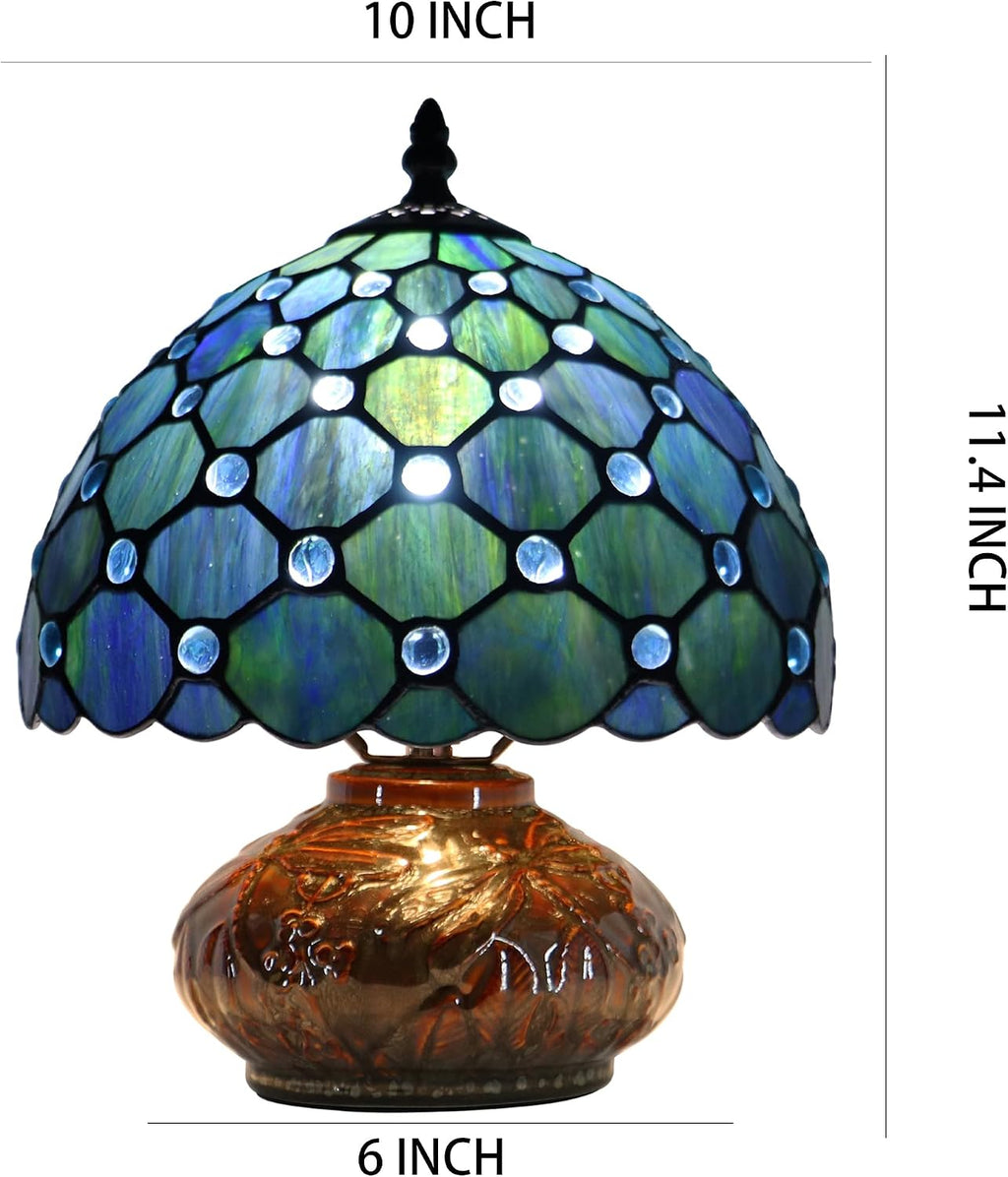 Small Tiffany Table Lamp, 10X10X11 Inch Mini Stained Glass Mushroom Desk Light Memory Sympathy Ceramic lamp (Sea Blue Pearl Style)
