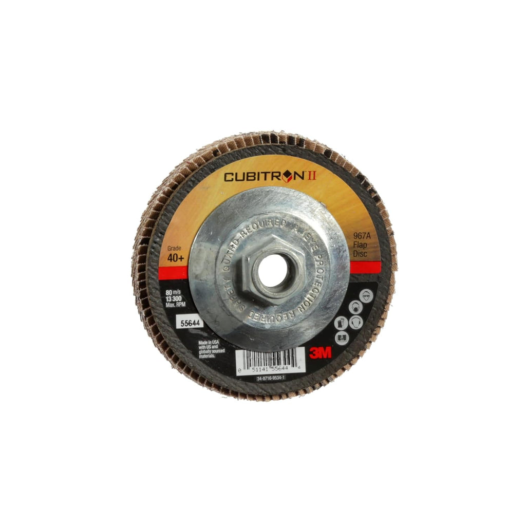 3M Cubitron II Flap Disc 967A, 40+, T29 Quick Change, 4-1/2 in x 5/8'-11, Giant, Pack of 10, Medium Pressure Applications, Light Deburring, Scale Removal, Oxide Removal, Surface Prep