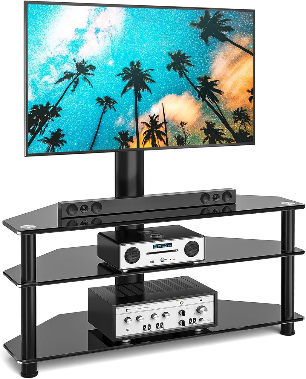 Rfiver Corner Swivel Glass TV Stand with Mount for 32-70 Inch Screen TV up to 110lbs, Height Adjustable Corner TV Stand with Mount, Entertainment Center with TV Mount and 3-Tier Storage for AV Media