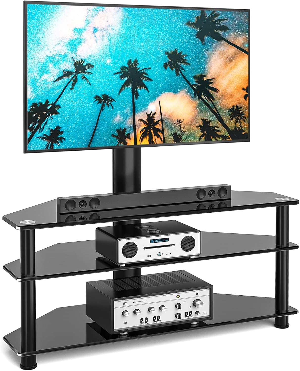 Rfiver Corner Swivel Glass TV Stand with Mount for 32-70 Inch Screen TV up to 110lbs, Height Adjustable Corner TV Stand with Mount, Entertainment Center with TV Mount and 3-Tier Storage for AV Media