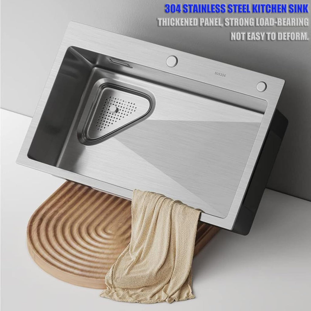 Silver Single Bowl Bar Prep Sink 304 Stainless Steel Kitchen Sink RV Sink with Drain Pipe and Installation Kit Drop in Or Undermount (Color : A-Have Faucet, Size : 68x45x21cm) (Ahave Faucet 55x45