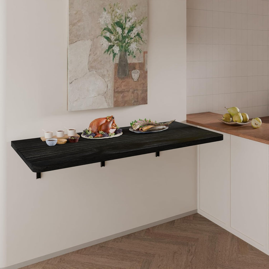 IAE Floating Wall Mounted Folding Table Desk with Pine Wood,48' x 22' Folding Workbench,Fold Down wall Mounted Foldable Desk with Shelf Brackets,Laundry Table for Home,Dining,Office,Kitchen,Black