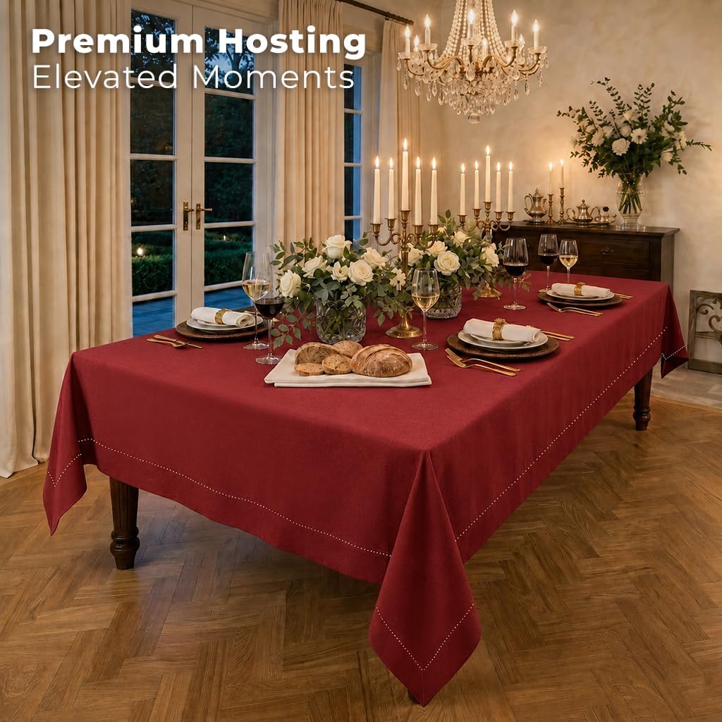 Signature Linen™ by D'Moksha Red Tablecloth, Rectangle Tablecloth 60 x 156 Inch, 100% Pure Linen, Hemstitch, Machine Washable, Long Table Cloth- Summer