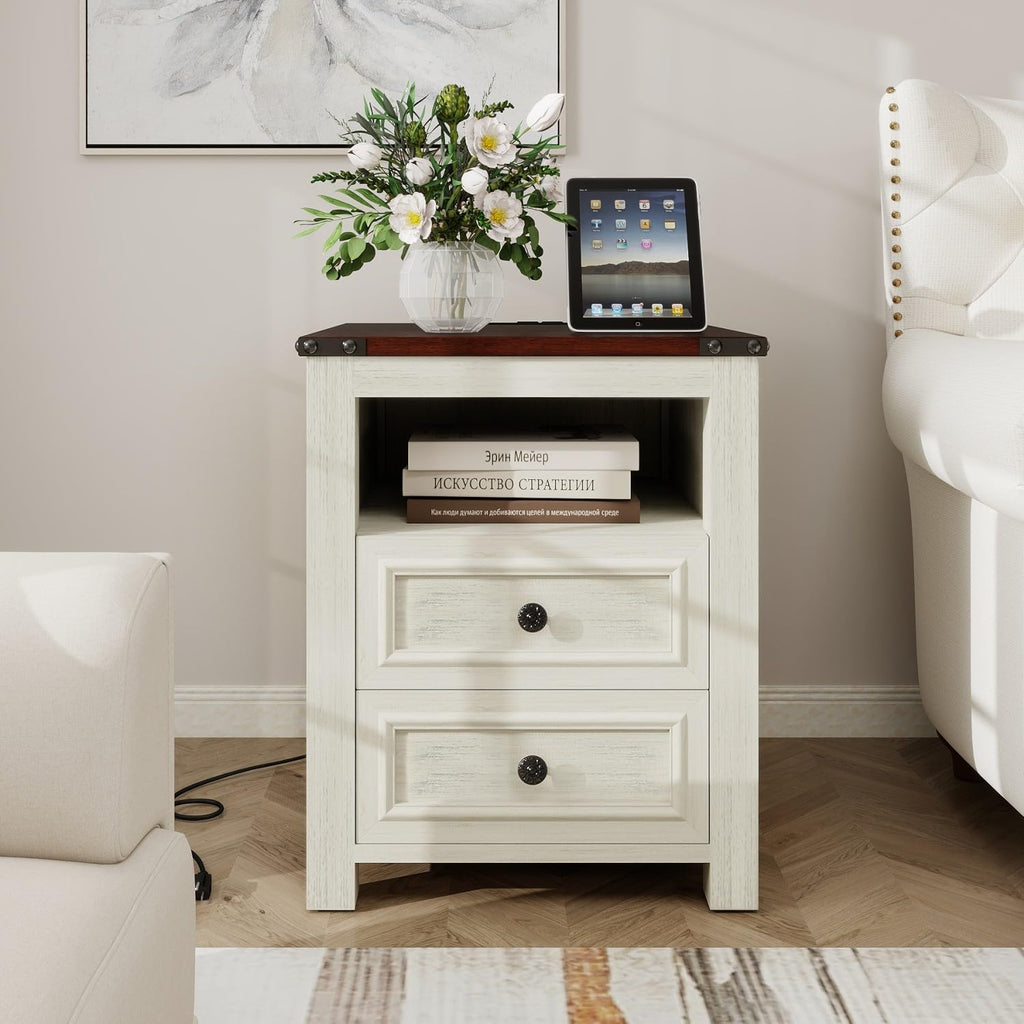 MUUEGM Farmhouse End Table with Charging Station, Side Table for Living Room, Sofa Side Table with Drawers and Storage Cabinet, Night Stand for Bedroom, White, Set of 2