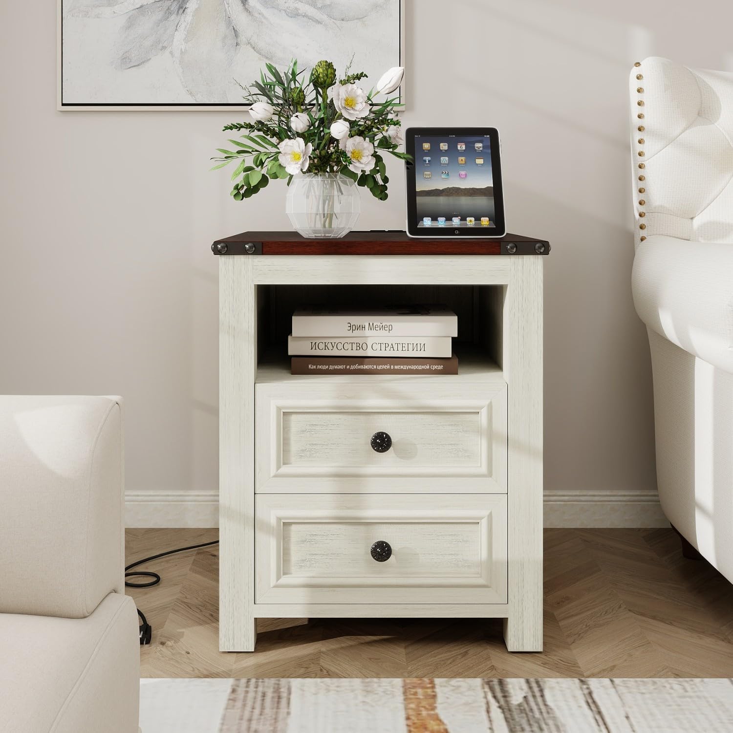 MUUEGM Farmhouse End Table with Charging Station, Side Table for Living Room, Sofa Side Table with Drawers and Storage Cabinet, Night Stand for Bedroom, White, Set of 2