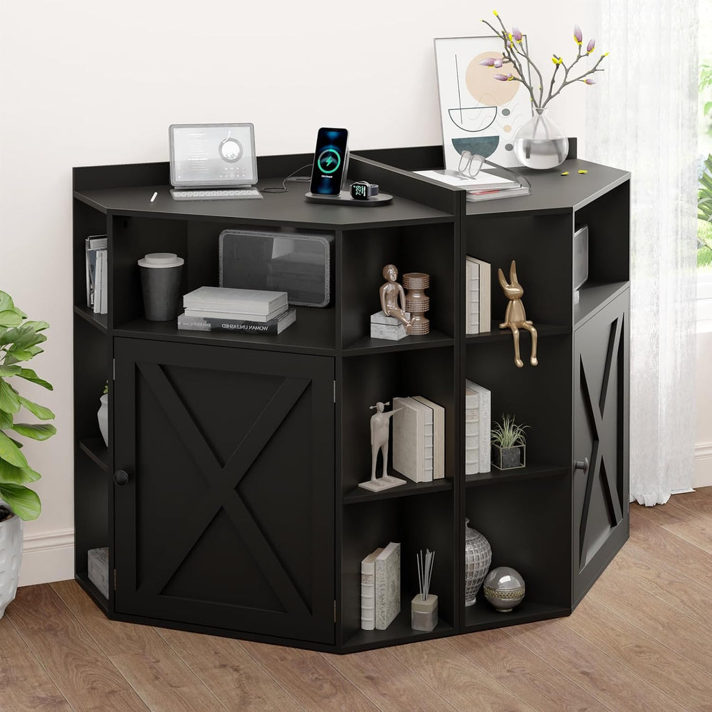 Halitaa Corner Storage Cabinet, Farmhouse Corner Bookshelf with Storage 6-Cubby Wooden Cabinet with USB Ports and Outlets Industrial Organizer for Small Space, Study, Playroom, Living Room, Black