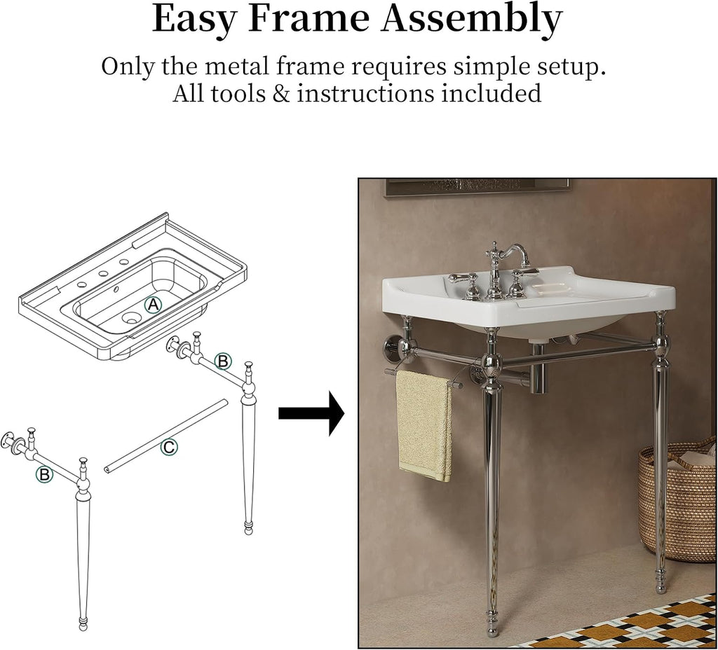 Yayzy 28' Console Bathroom Vanity with White Ceramic Sink, Silver Stainless Steel Legs & Towel Bar, 3 Faucet Holes, No Faucet, Wall-Mounted Support