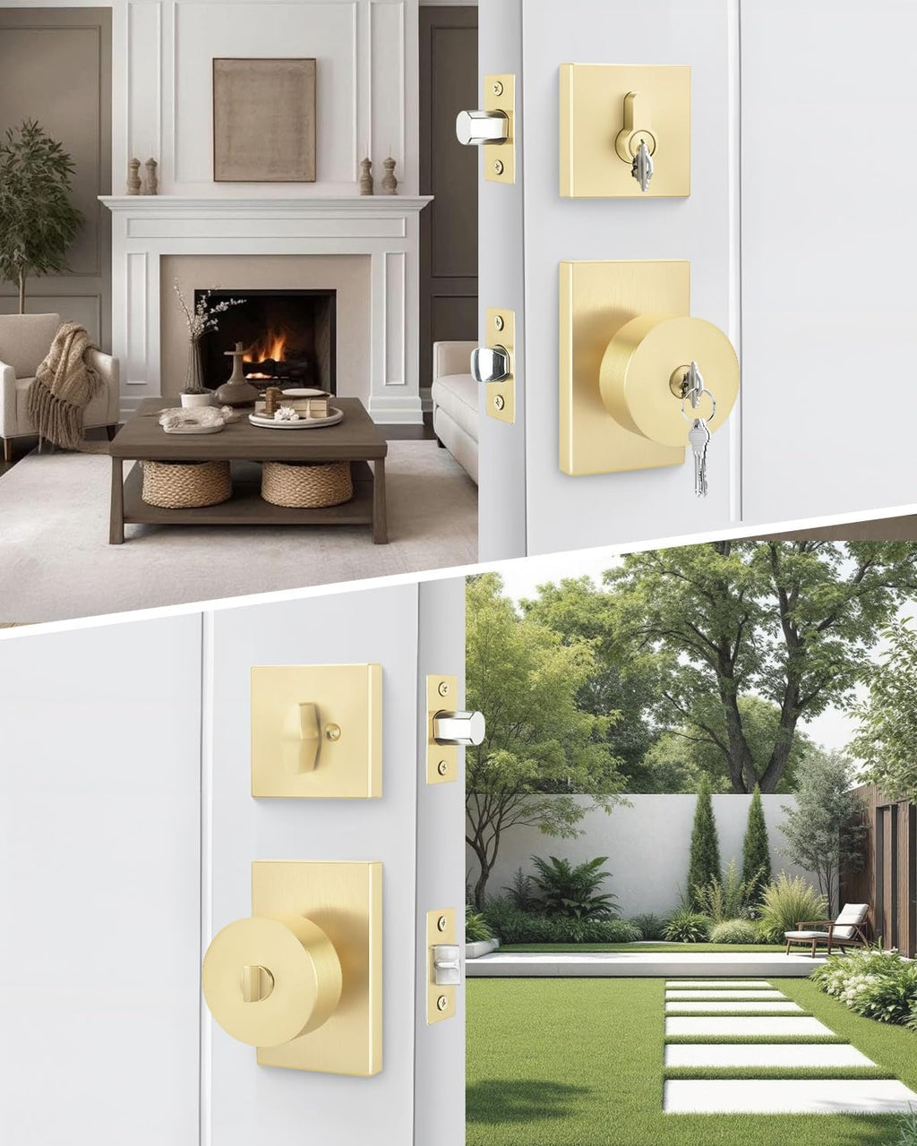 Goldenwarm Brushed Gold Exterior Door Knob with Deadbolt, Square Keyed Different Front Entry Lockset, Heavy Duty, 3 Pack