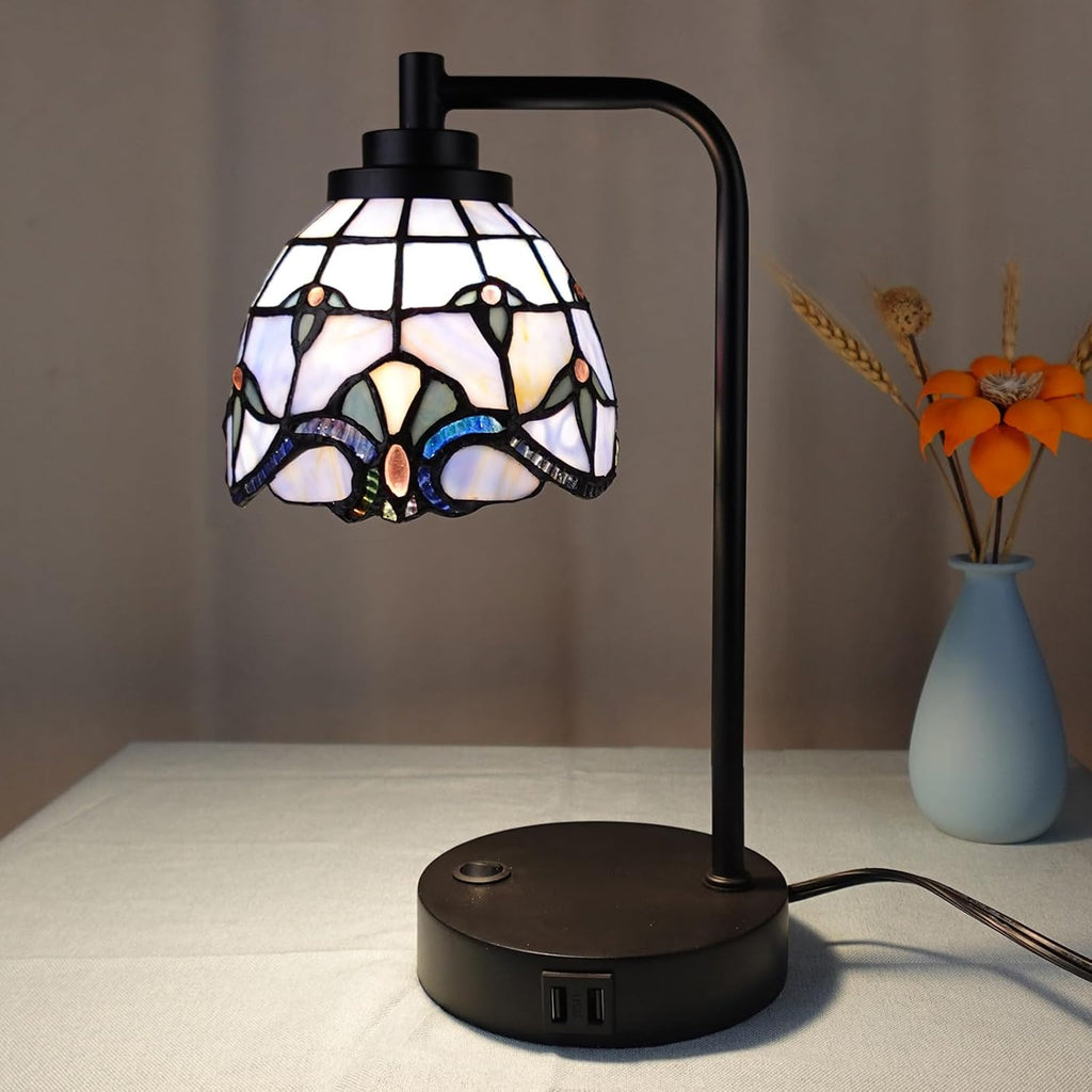TL0016 Tiffany Style Stained Glass Table Lamp with USB Charging Ports, Desk Lamp with Blue Baroque Lamp Shade, Retro Nightstand H 14.5' for Bedroom Office, LED Bulb Included (Blue)