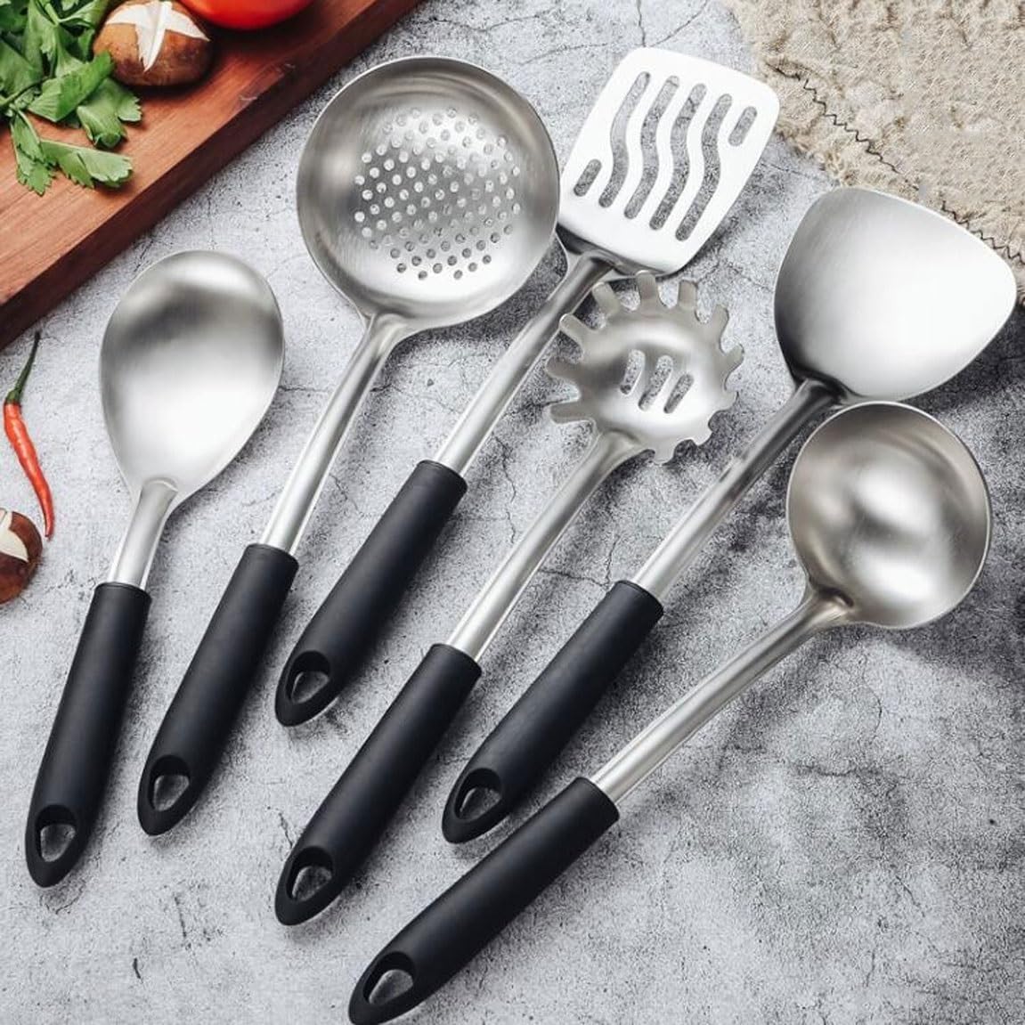 Kitchen Tools Spoons for Cooking Spatulas Cooking Utensils Sets Stainless Steel Spatulas Spoons Cookware Dining 6 Pieces (Black)