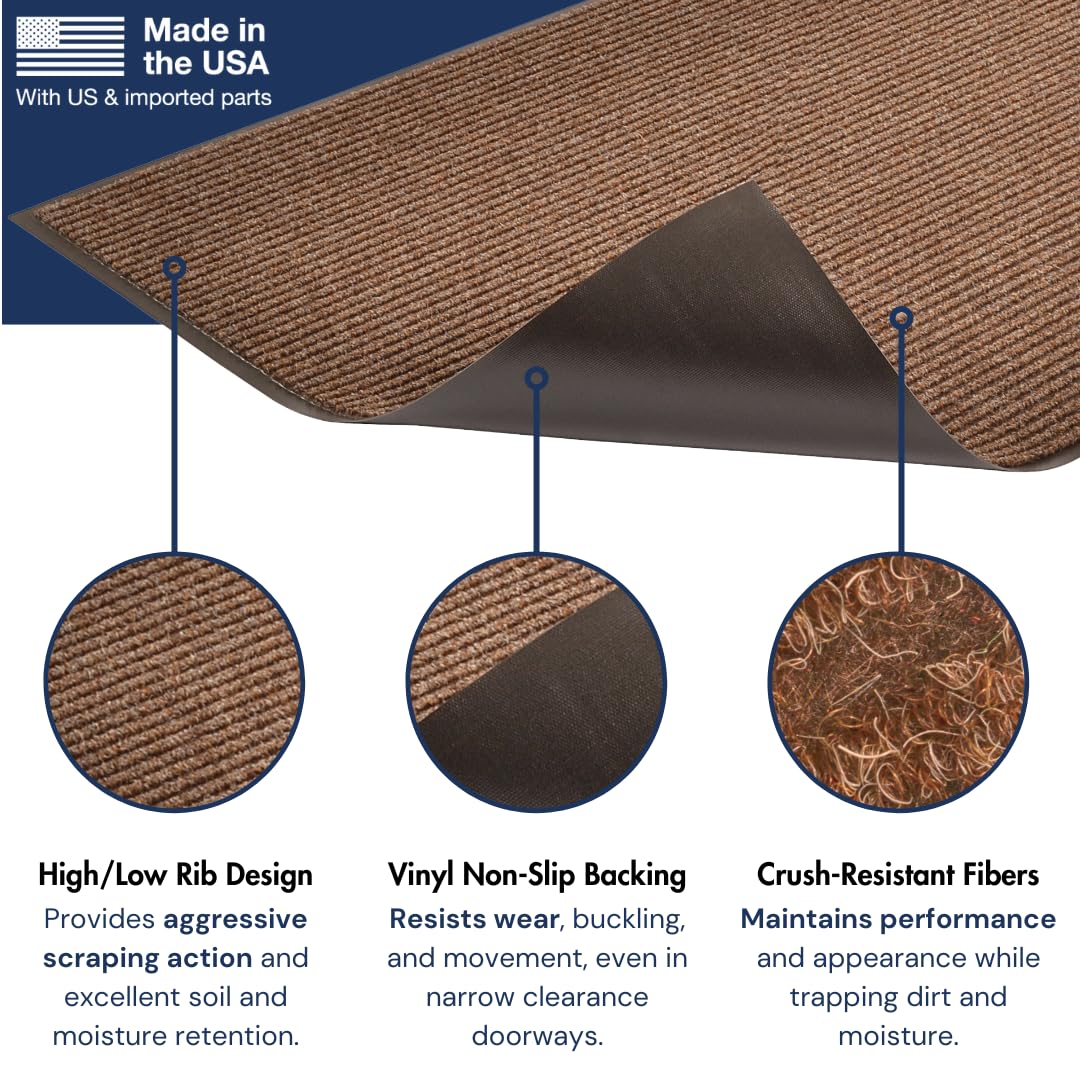 Notrax Heritage Rib™ Commercial Indoor Door Mat Office Rugs – 4' x 6' Brown Front Door Mat with Double Rib 22oz Yarn, Non-Slip Vinyl Backing – Durable Entryway Rug Made in The USA – 117S0046BR