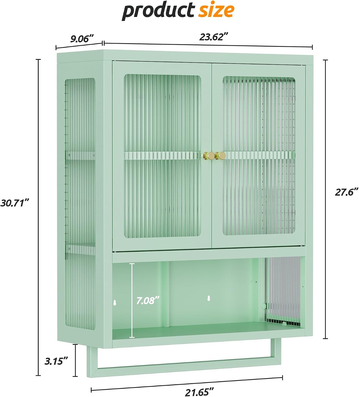 Bathroom Wall Cabinet with 2 Glass Door, Bathroom Medicine Cabinet with Towels Bar and Shelves, Over The Toilet Storage Cabinet, Metal Wall Mounted Cabinet for Laundry Room Kitchen (Green)