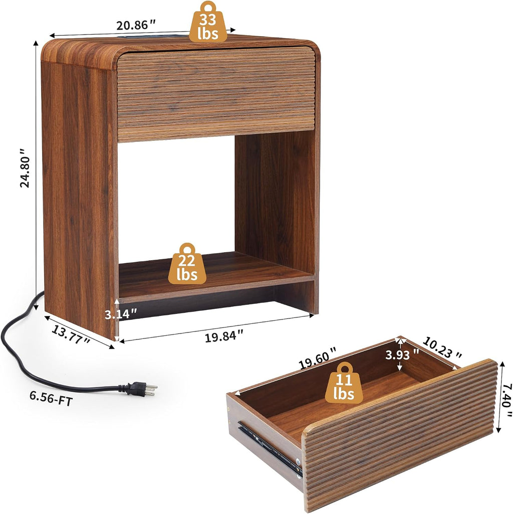 Set of 2 Fluted Side Table with Charging Station, Mid Century Modern End Table Nightstand with Drawer Storage, Large Wood Bedside Tables Night Stands for Small Space Bedroom Living Room Office, Walnut