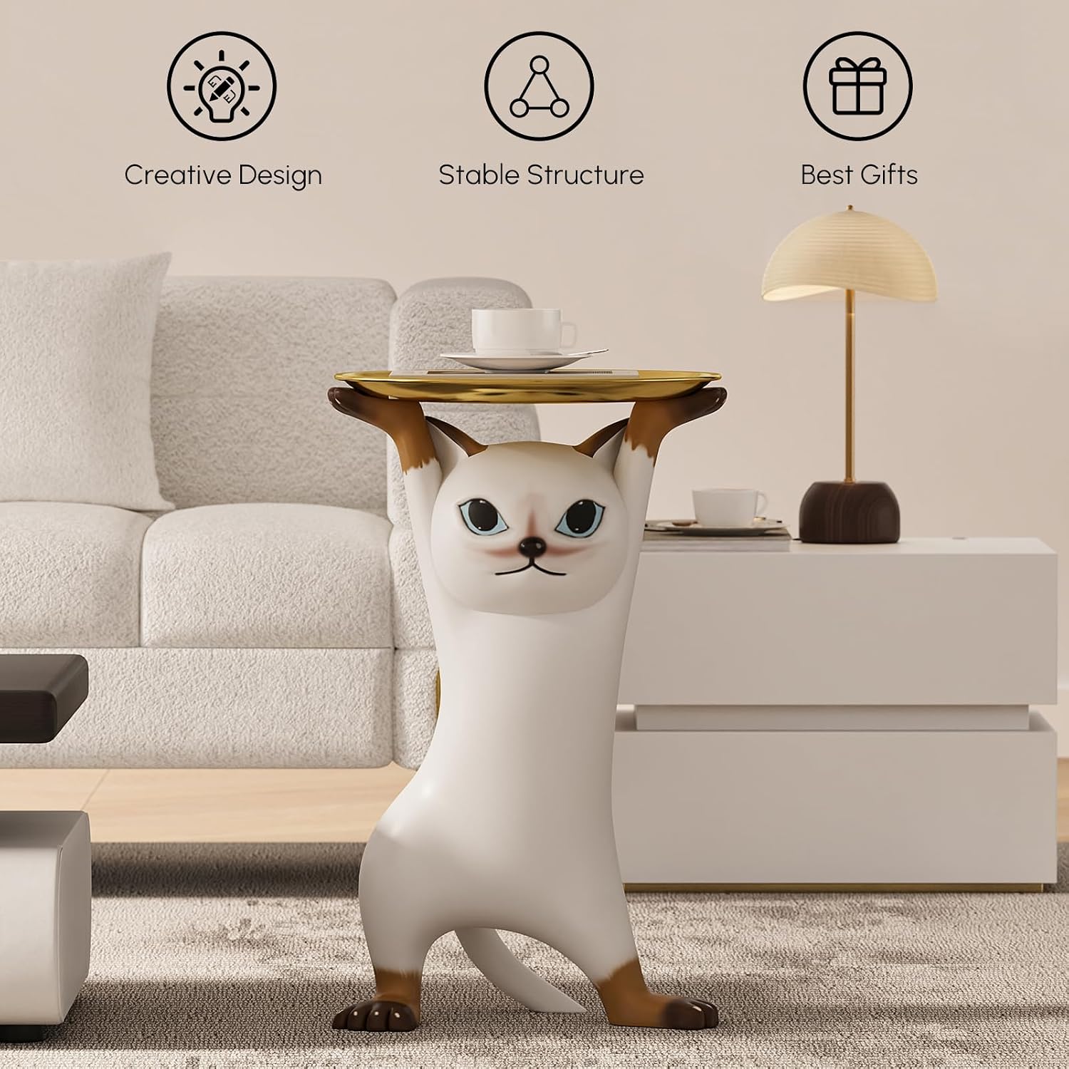 homary Whimsical Cat Statue, Animal Side Table with Gold Tray, Resin Figurine Accent Table for Living Room, Bedroom, or Entryway