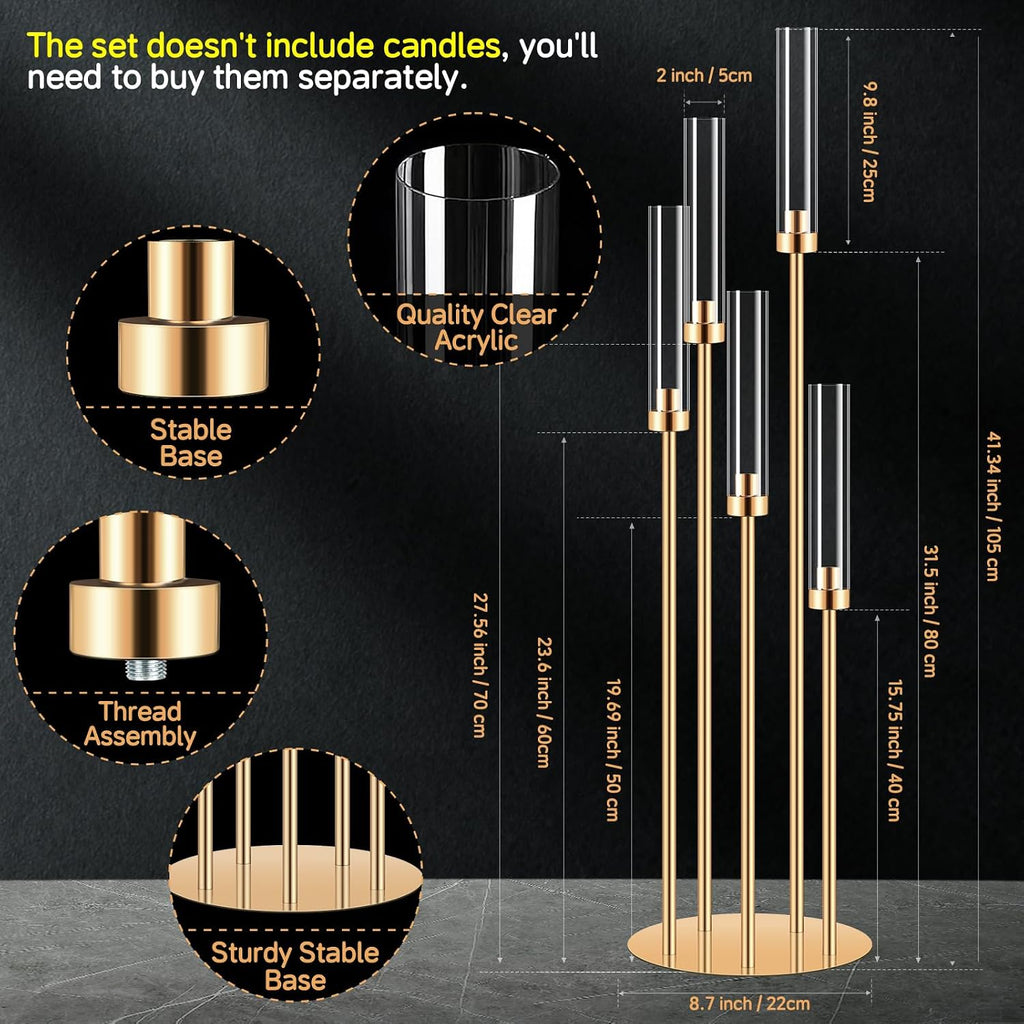 6 Set 5 Arms Golden Candle Holder with Acrylic Lampshade, 41.3'' Tall Candlesticks Holder for Christmas Wedding Housewarming Gift,Metal Candle Holders Candlestick Centerpiece,Fit 0.87'' LED Candle