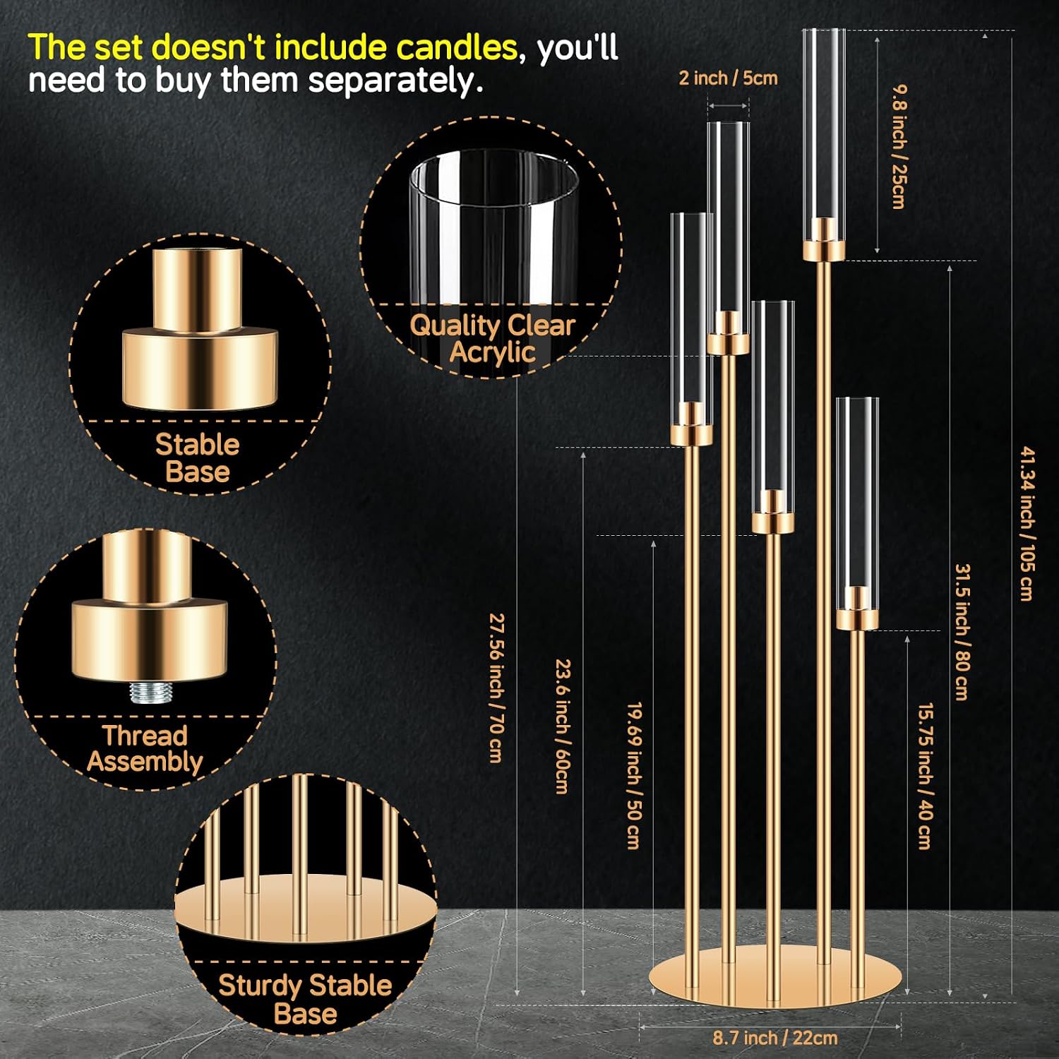 6 Set 5 Arms Golden Candle Holder with Acrylic Lampshade, 41.3'' Tall Candlesticks Holder for Christmas Wedding Housewarming Gift,Metal Candle Holders Candlestick Centerpiece,Fit 0.87'' LED Candle
