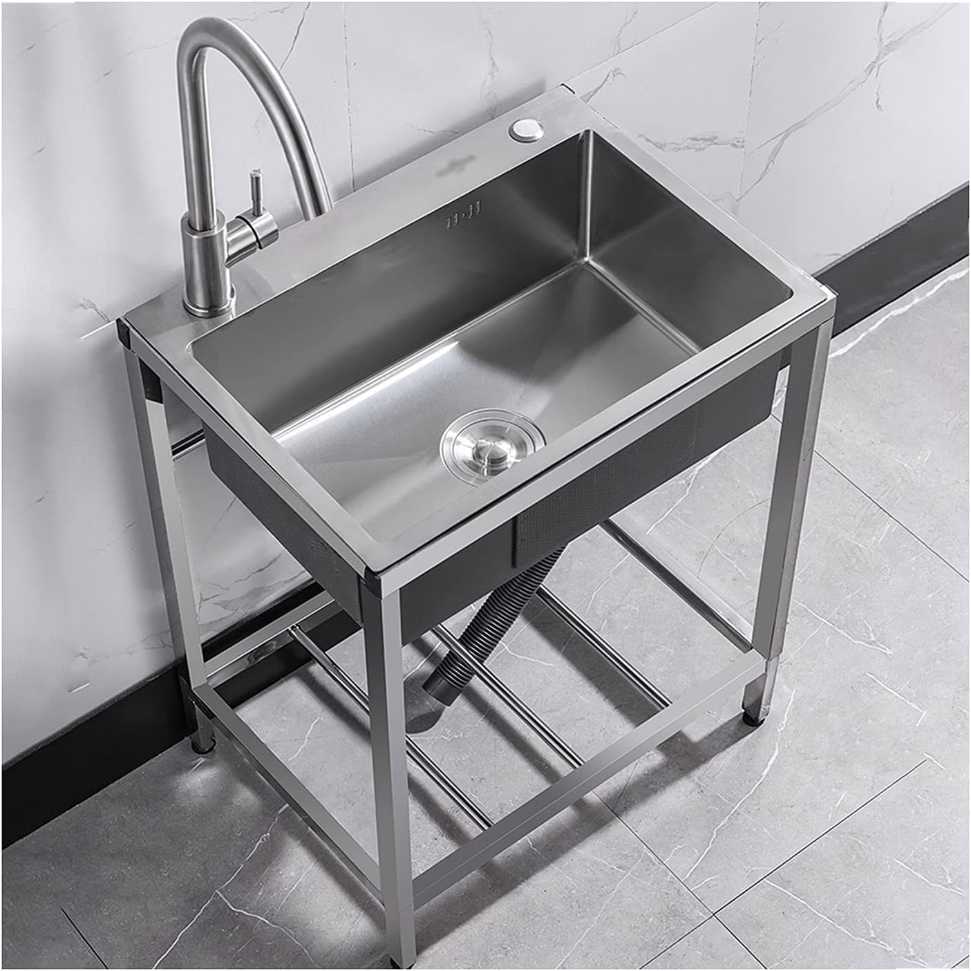Free Standing Stainless-Steel Single Bowl Sink Commercial Restaurant Kitchen Sink Set with Faucet and Storage Shelve, Utility Washing Hand Basin for Indoor Outdoor