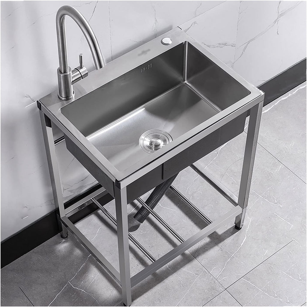 Free Standing Stainless-Steel Single Bowl Sink Commercial Restaurant Kitchen Sink Set with Faucet and Storage Shelve, Utility Washing Hand Basin for Indoor Outdoor