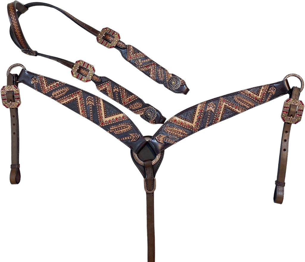 One Ear Western Headstall Bridle Breast Collar Set - Red Rivets and Copper Studs -Genuine Argentina Cow Leather