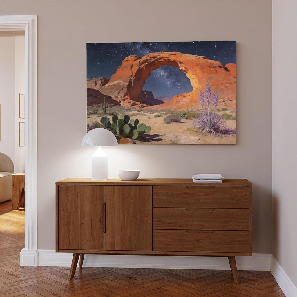 Frame Starry Night Desert Arch Wall Art Canvas Print, Milky Way Sky Over Red Rock Canyon Landscape Painting, Southwestern Cactus Decor 24x36inch(60x90cm)
