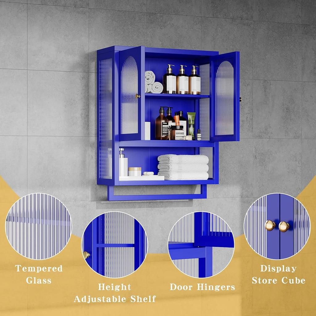Modern Metal Wall Mount Bathroom Medicine Cabinet Above Toilet Storage with Fluted Glass Doors Towel Bar & Adjustable Shelves for Bathroom, Kitchen, Laundry Room, Dining Room, Blue