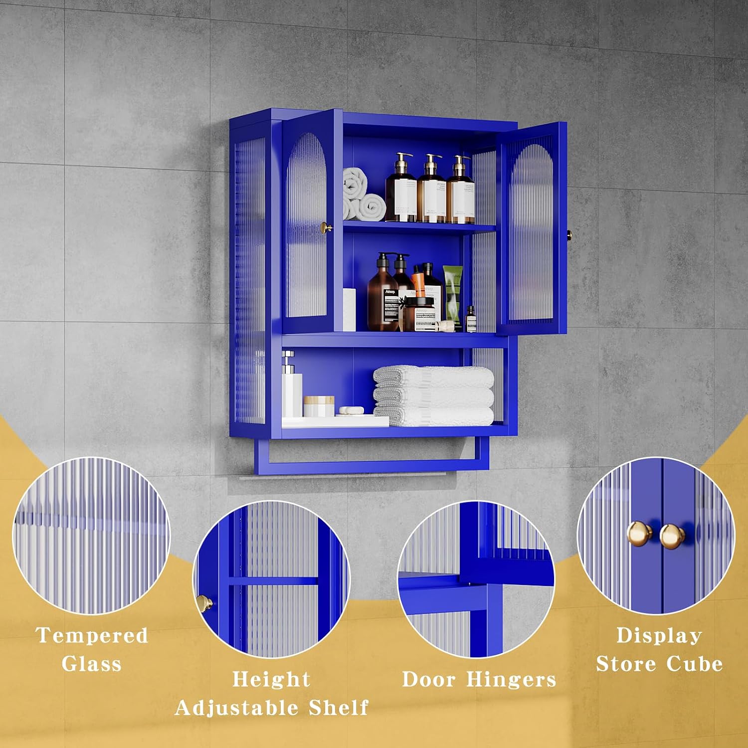 Modern Metal Wall Mount Bathroom Medicine Cabinet Above Toilet Storage with Fluted Glass Doors Towel Bar & Adjustable Shelves for Bathroom, Kitchen, Laundry Room, Dining Room, Blue