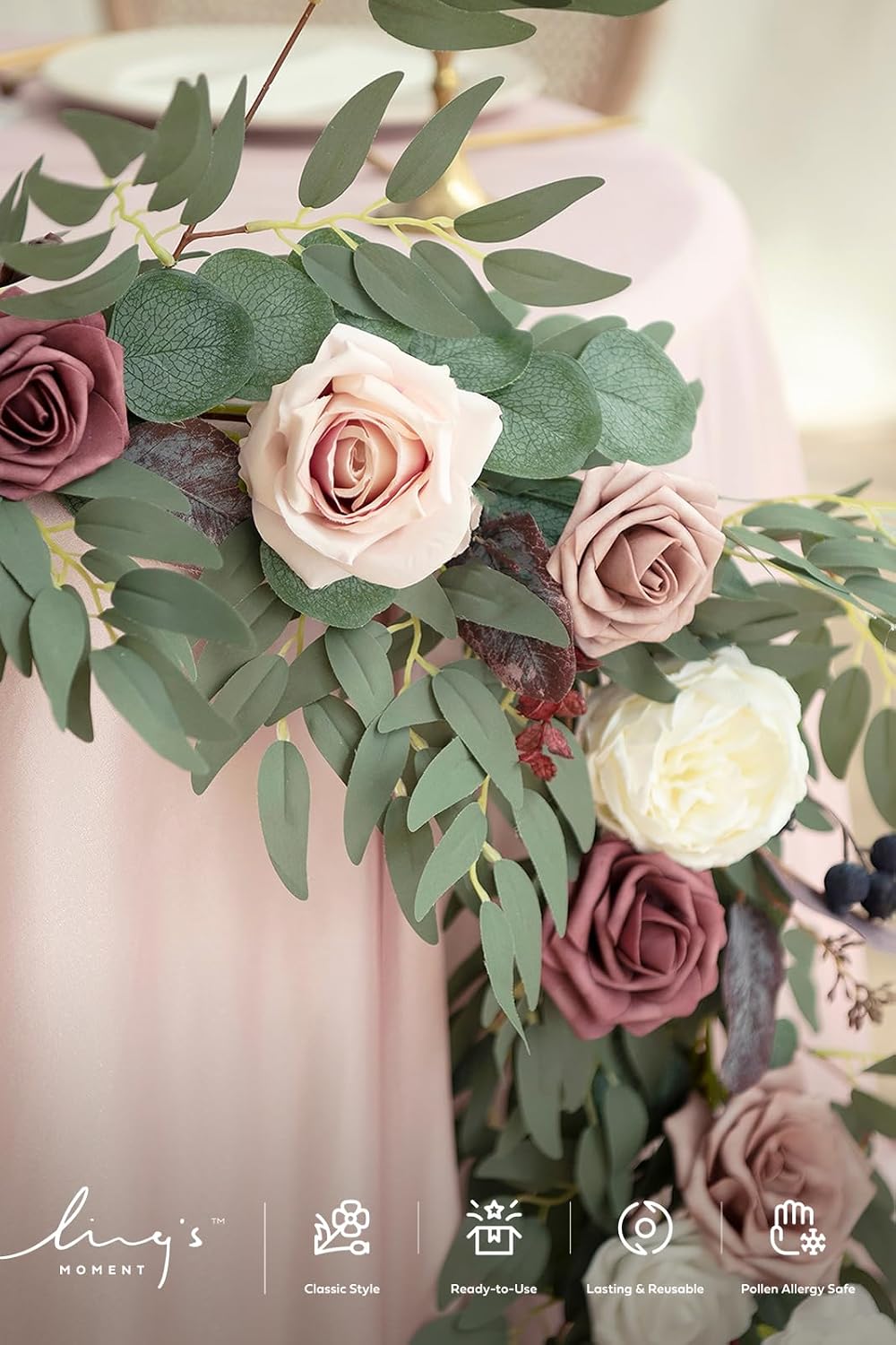 Ling's moment 9FT Eucalyptus and Willow Leaf Garland with White Flower, Handcrafted Wedding Sweetheart Table Centerpieces Head Table Decor Arch Backdrop Decorations for Wedding | Dusty Rose & Mauve