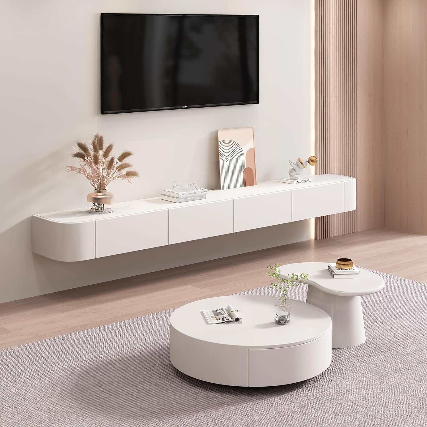 Floating TV Stand - Wall Mounted Media Console with 2 Drawer, Floating Entertainment Center TV Cabinet, Wall Mounted Audio/Video Shelf for Home Room (White, 47.24x7.87x9.45IN)