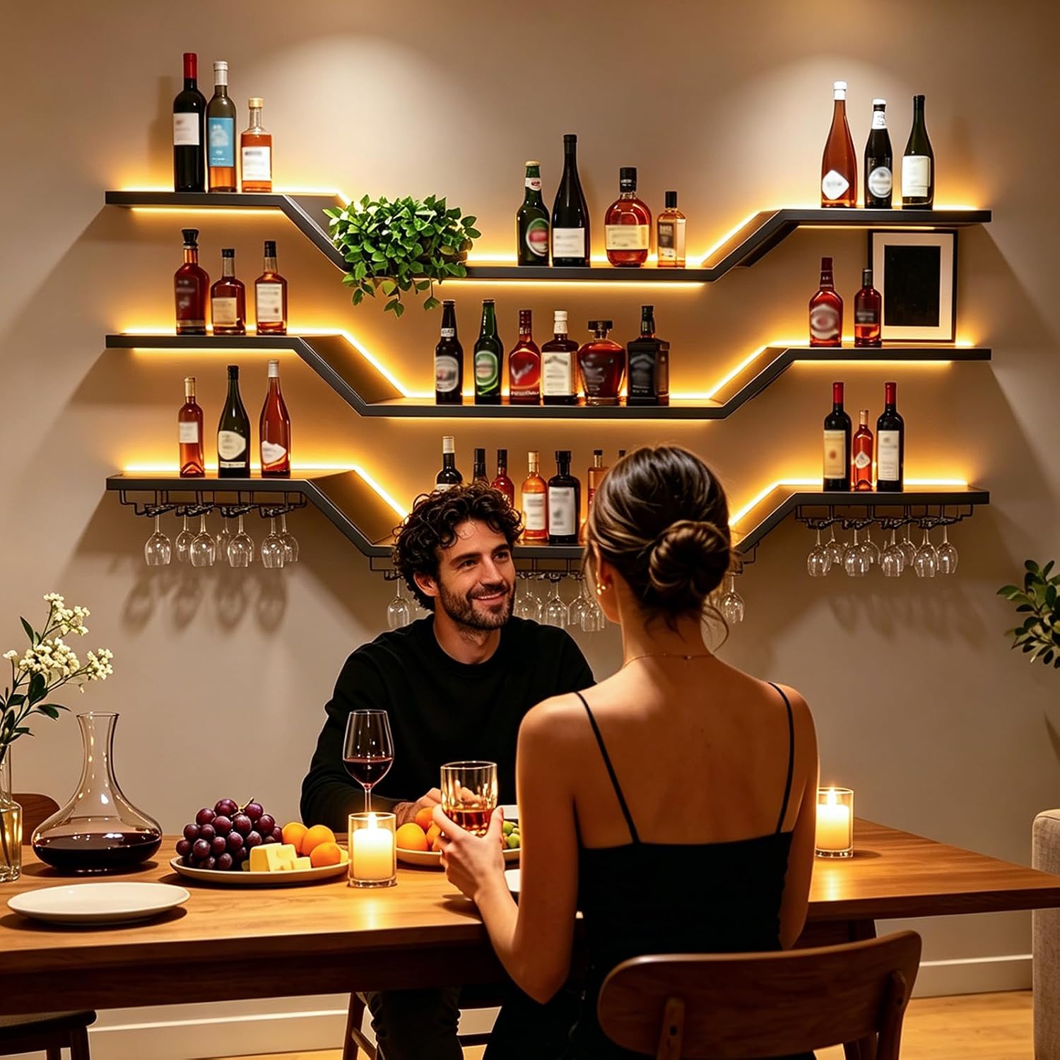 39.4in Modern LED Wine Rack Wall Mounted, 3-Tier Floating Bar Shelves with Wine Glass Rack, Large Hanging Liquor Shelf Wall Mounted, for Home Bar Dining Room Cafe Decorative (Black, 39.4in/100cm)