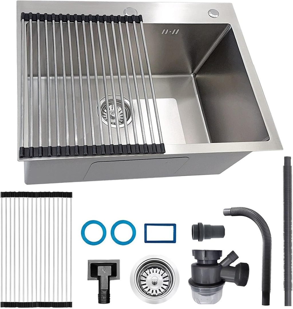 Stainless Steel Kitchen Sink, Small Single Bowl Sink, Topmount Compact Bar/Utility Sink With Tap Hole, Overflow & Drainer Kit, For Bar, Pub, RV, Campervan, Basement, Outdoor Use(Silver,55x45cm)