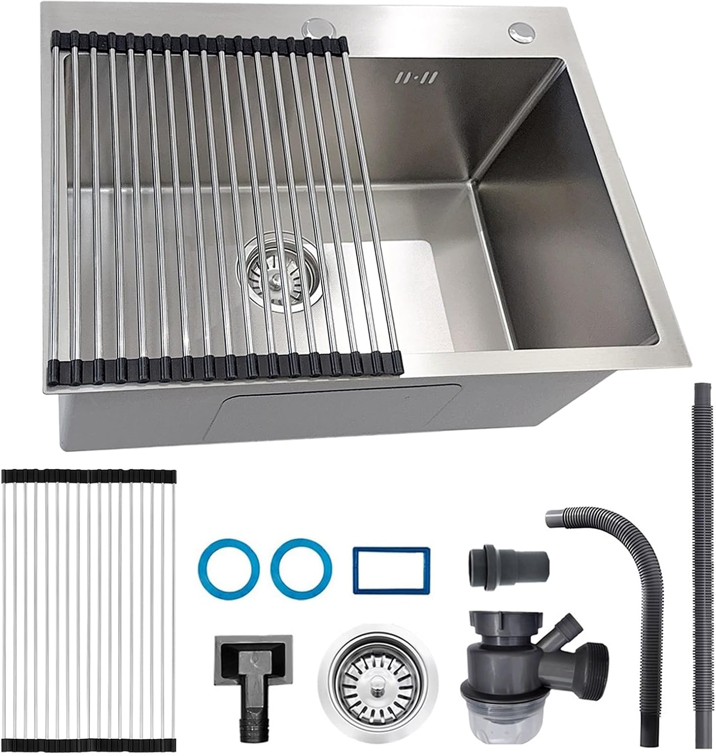 Stainless Steel Kitchen Sink, Small Single Bowl Sink, Topmount Compact Bar/Utility Sink With Tap Hole, Overflow & Drainer Kit, For Bar, Pub, RV, Campervan, Basement, Outdoor Use(Silver,55x45cm)