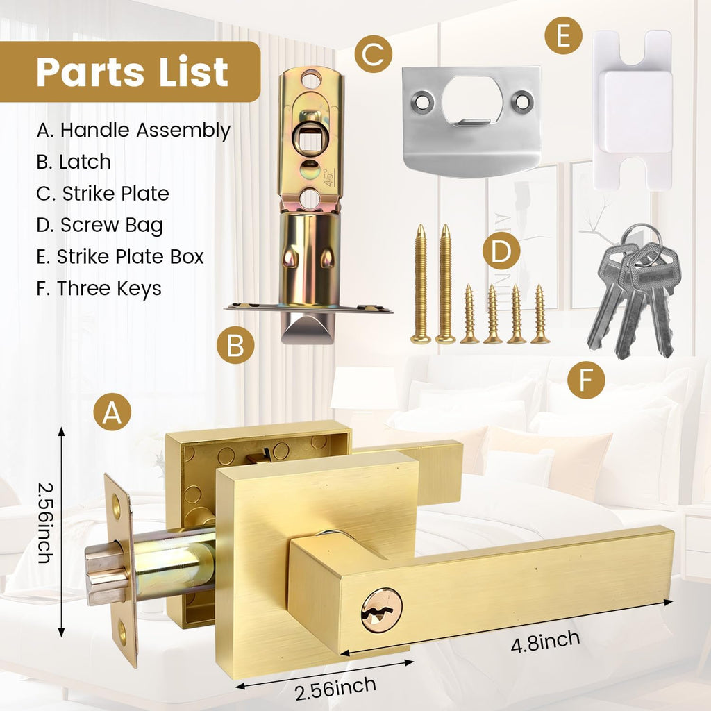 Boisouey Door Knobs with Lock and Key, 6 Pack Brushed Gold Interior Door Handles for Bedroom Bathroom Front Entry Door, Keyed Entry Locking Door Knob with 3 Keys for Home Security
