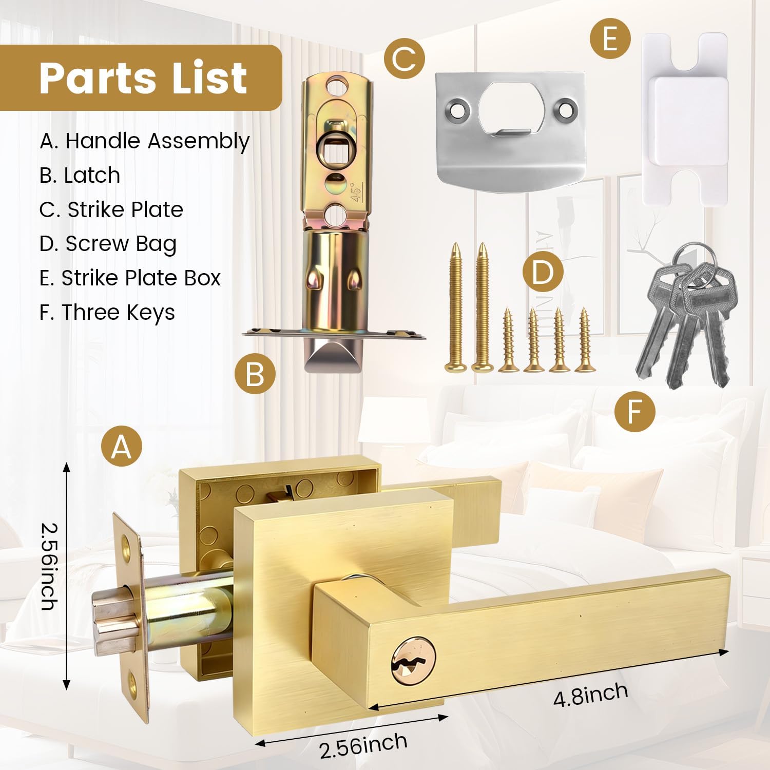 Boisouey Door Knobs with Lock and Key, 6 Pack Brushed Gold Interior Door Handles for Bedroom Bathroom Front Entry Door, Keyed Entry Locking Door Knob with 3 Keys for Home Security