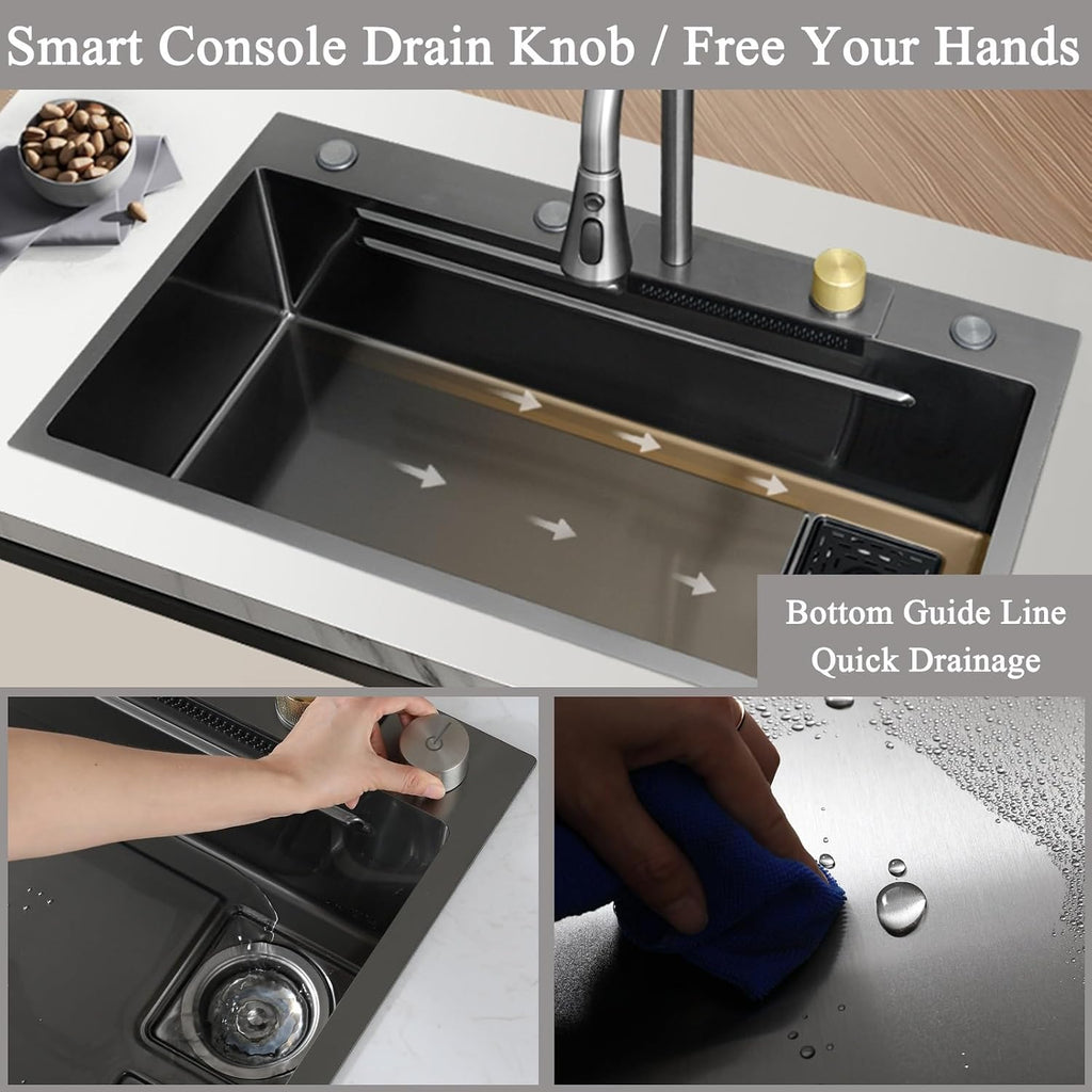 Waterfall Kitchen Sink Stainless Steel Top Mount Sink Black Nano Single Bowl Sink Multifunctional Workstation Sink with Pull-Out Faucet, Glass Cup Washer, D(Black-65x50x22cm