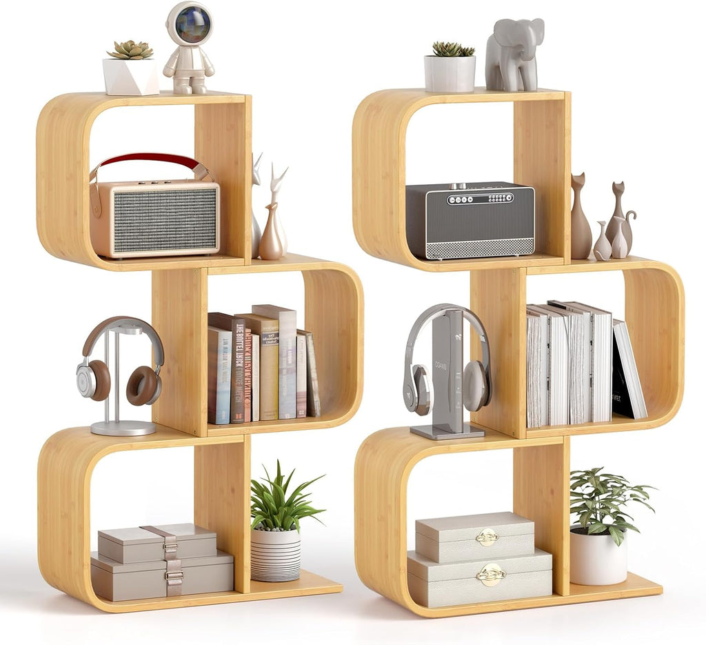 Giantex 3-Tier Bamboo Bookshelf Set of 2, S-Shaped Bookcase with 3 Open Cubes, Geometric Corner Display Shelf, Decorative Storage Organizer, Floor Storage Rack for Living Room, Home Office, Natural