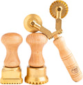 La Gondola Set of 3 Pasta Tools - Square Festooned 1.77x1.77in & Round Festooned 1.97in Ravioli Stamps & Double Pasta Cutter Wheel (Festooned & Smooth) | Brass & Natural Wood | Italian Pasta Cutters