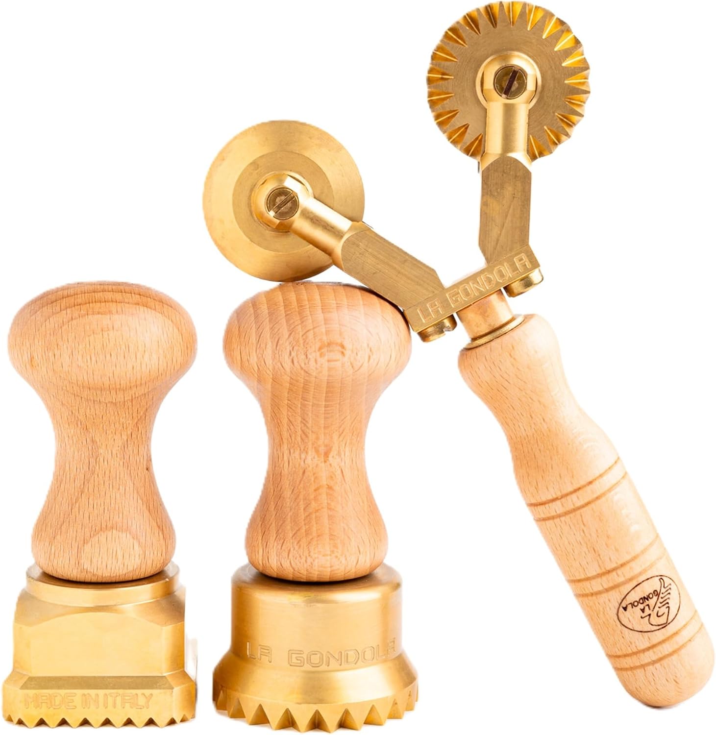 La Gondola Set of 3 Pasta Tools - Square Festooned 1.77x1.77in & Round Festooned 1.97in Ravioli Stamps & Double Pasta Cutter Wheel (Festooned & Smooth) | Brass & Natural Wood | Italian Pasta Cutters